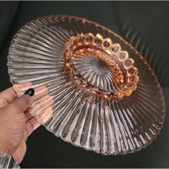 Vintage Pink Depression Anchor Hocking Ribbed Ball Foot Pressed Glass Cake Plate - Picture 1 of 10